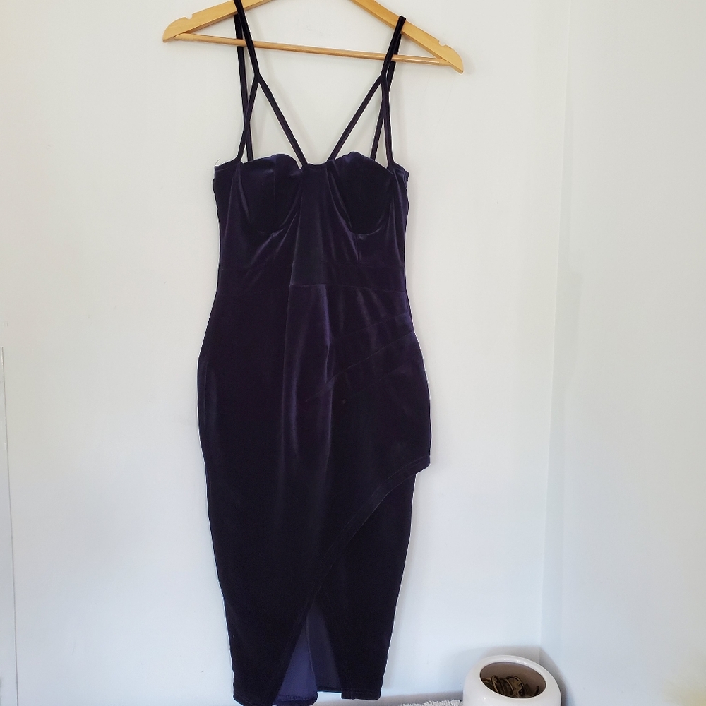 PRIVY Sz M Navy Blue Velour Strappy Dress Zip Tulip Hem Soft Sexy Whimsigoth Y2K